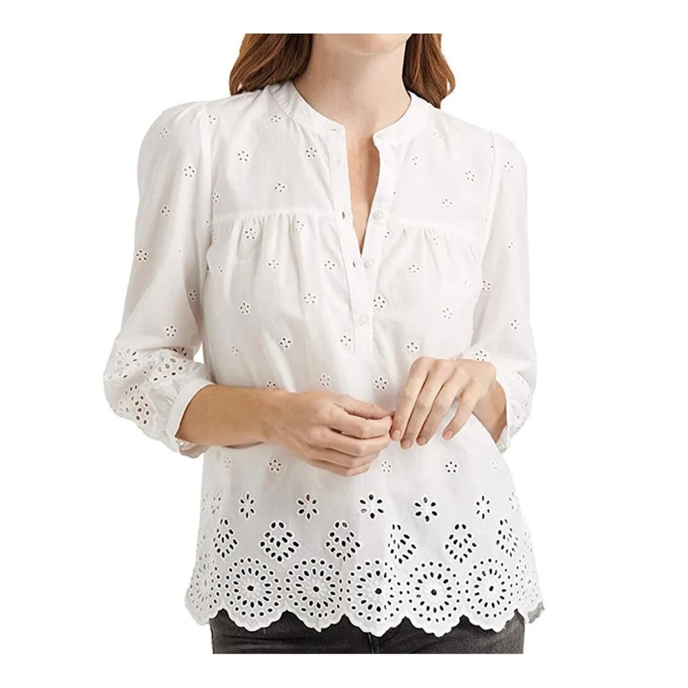 Lucky Brand White Eyelet Embroidered Scalloped Hem Button Frontâ Blouse Large
